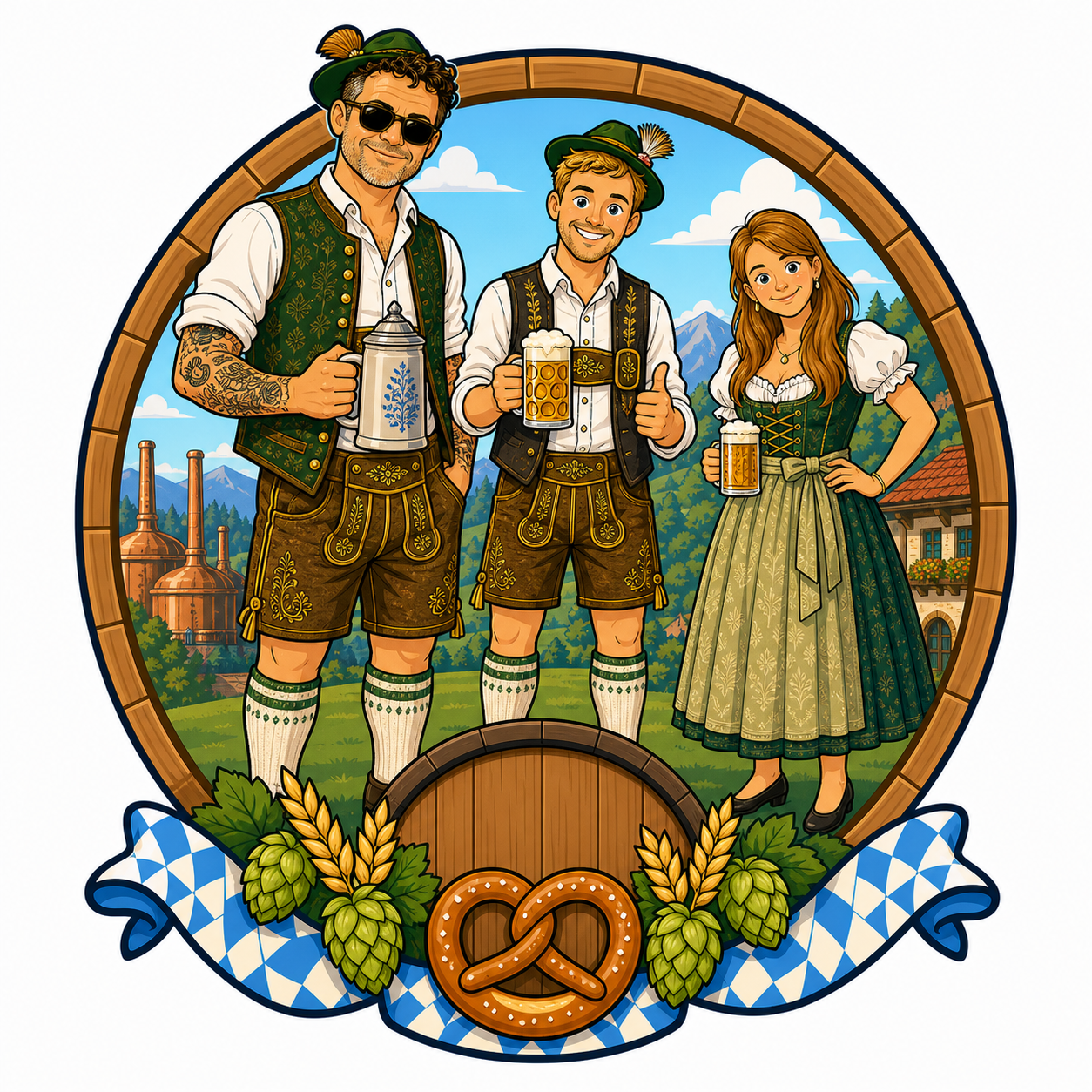 Biertour-26-Logo mit drei Teilnehmern, Bier, Brezel und Hopfen
