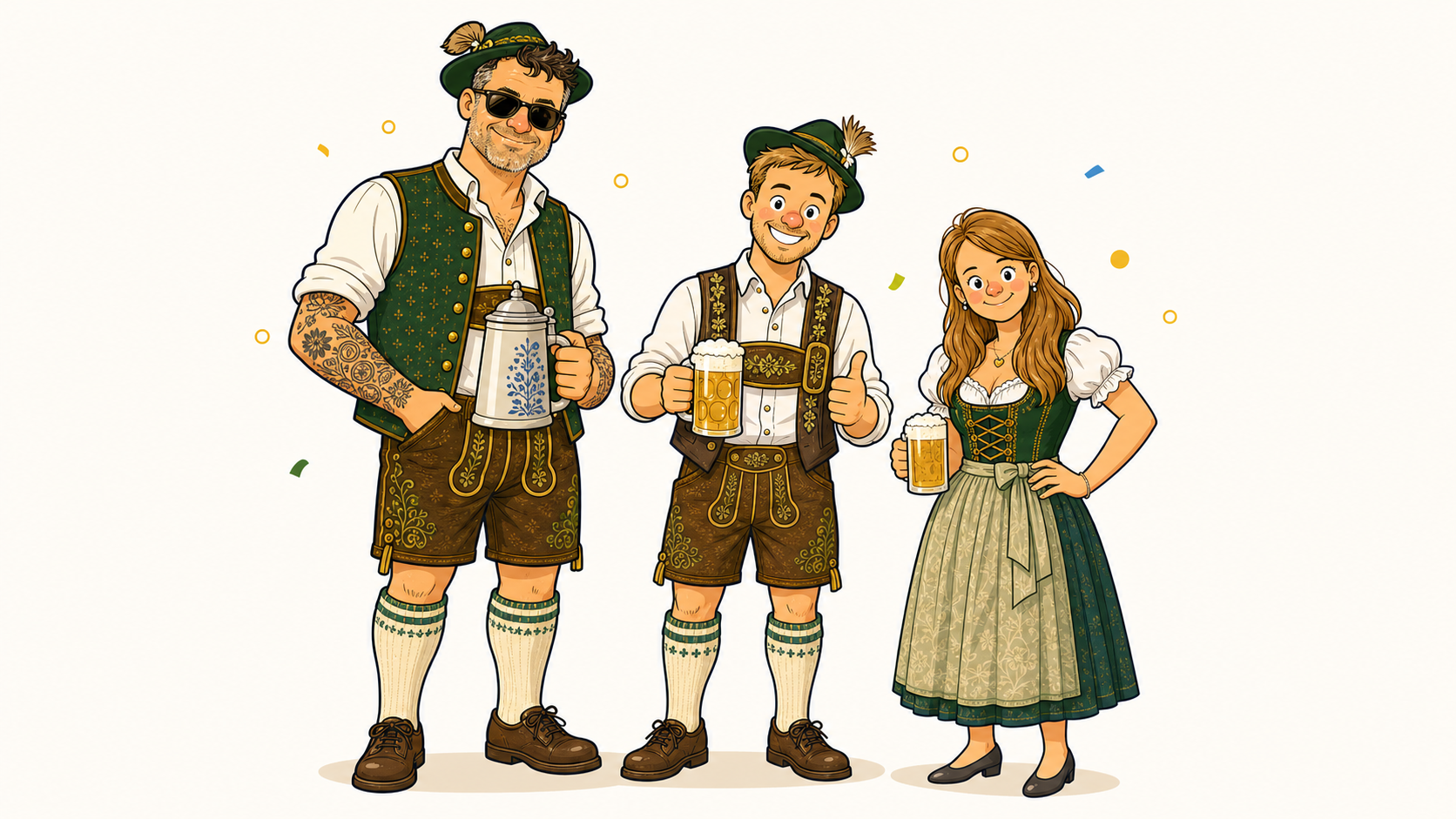 Comic-Illustration der Biertour-Teilnehmer in bayerischer Tracht